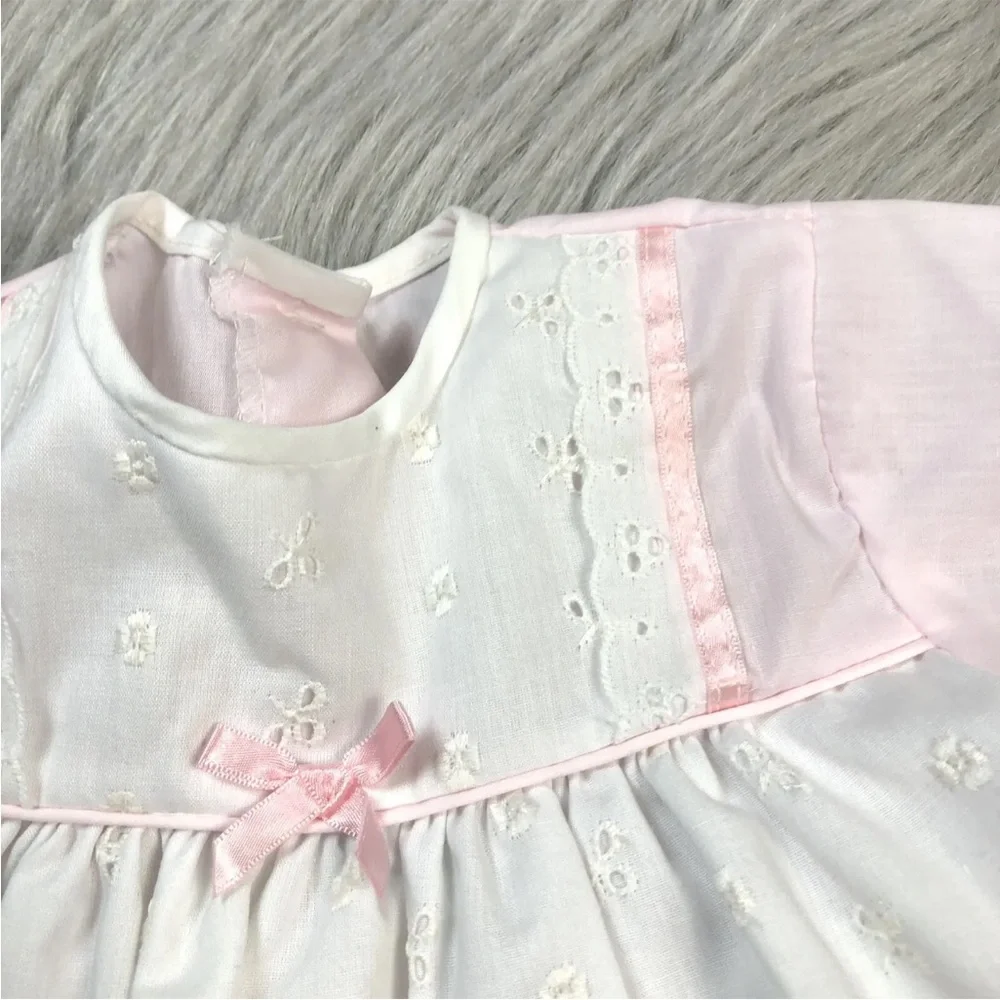 Vintage Baby Girls White Pink Eyelet Bow Ruffle Long Sleeve Dress